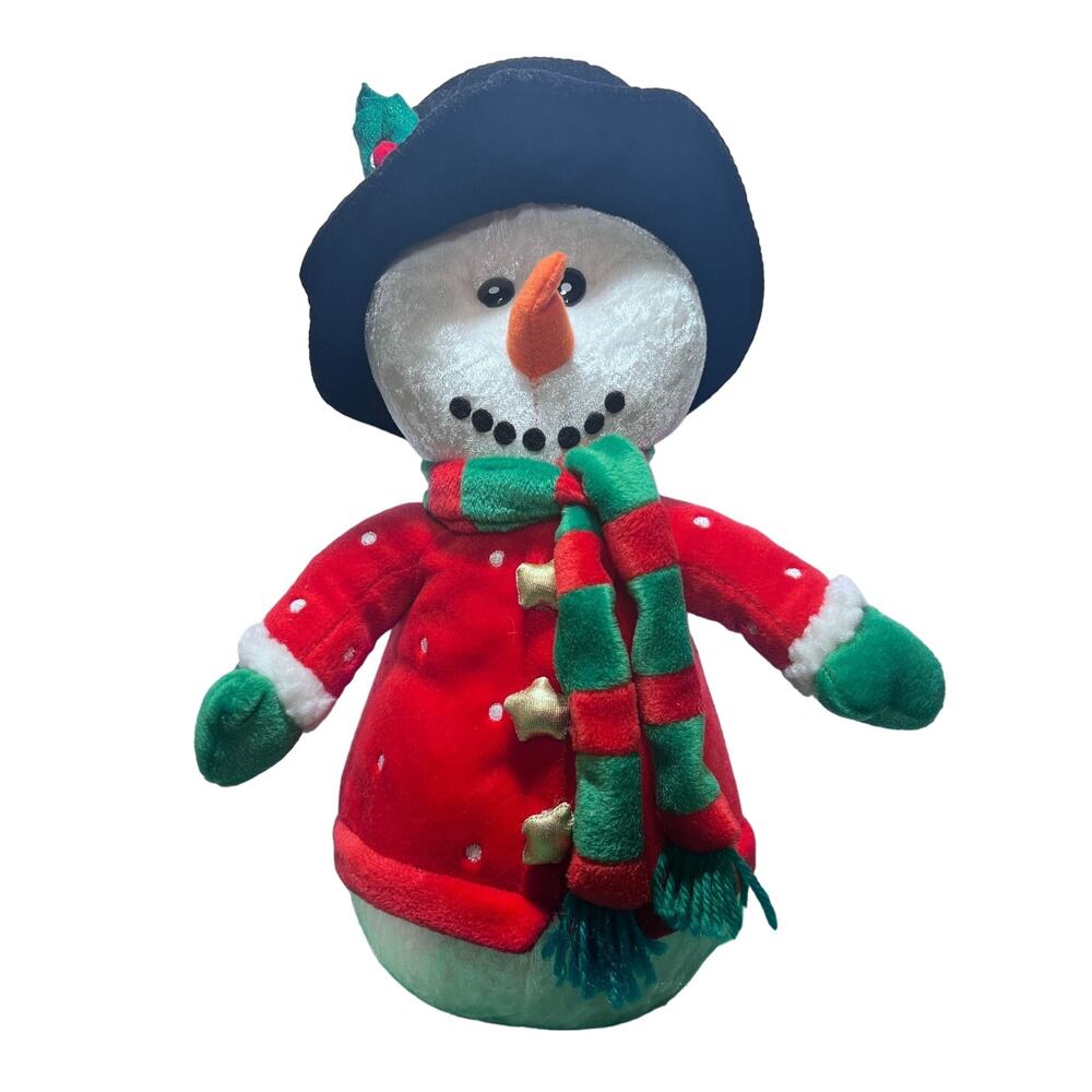 Snowman Plush with Black Hat, Red Coat, Green & Red Scarf - Holiday Decor